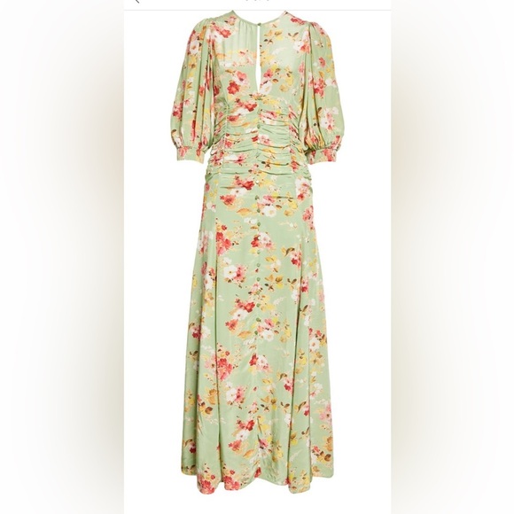 ByTimo Satin Green Bouquet Floral Print Ruched Gown - Picture 10 of 10